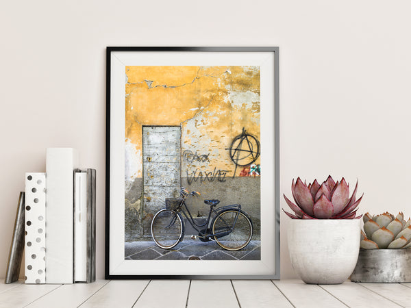 Bicycle on the European wall with graffiti | Photo Art Print fine art photographic print