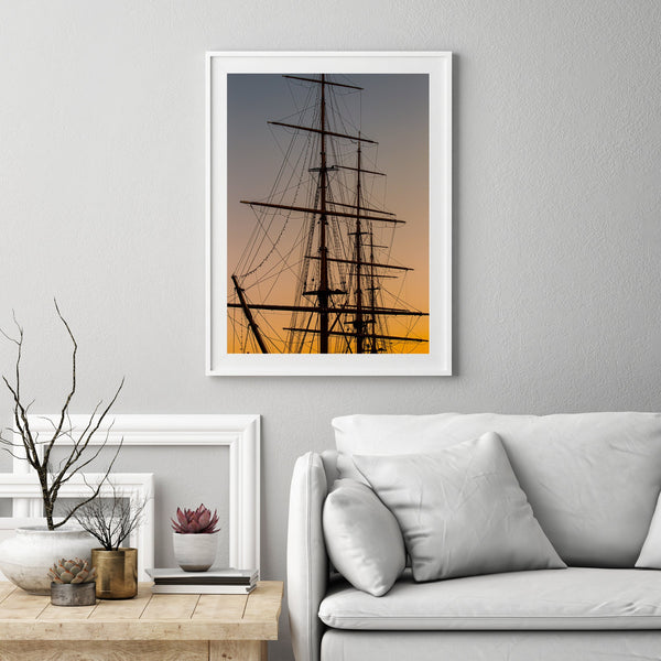 Intricate sailboat rigging at sunset background | Photo Art Print fine art photographic print