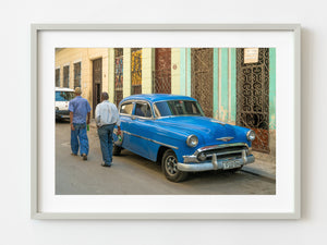 Men walking by classic blue car Havana Cuba | Photo Art Print fine art photographic print