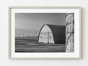 Metal barn and silo on farm at sunset | Photo Art Print fine art photographic print
