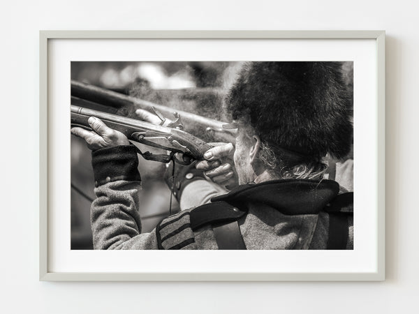 Militia soldier firing closeup during the war of 1812 reenactment | Photo Art Print fine art photographic print