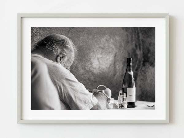 Old man sleeping at his resturant table | Photo Art Print fine art photographic print