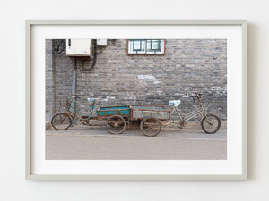 Old rusted work bikes against a wall in Beijing China | Photo Art Print fine art photographic print