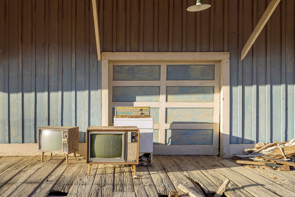 Old TVs on abandoned ghost town dock | Photo Art Print fine art photographic print