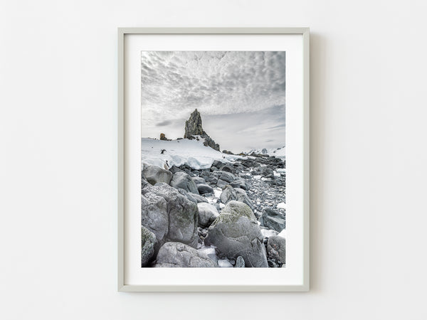 Rocky Antarctica shoreline with penguins in the distance | Photo Art Print fine art photographic print