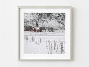 Snow covered Flakstad Chapel Norway | Photo Art Print fine art photographic print