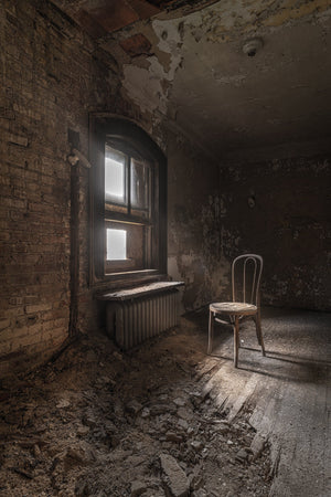 Decaying interior hallway of Ellis Island hospital
