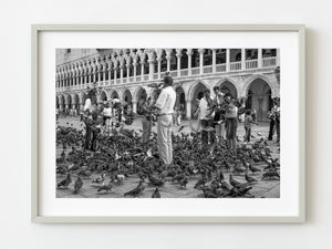 Tourists feeding large group of pigeons Venice Italy | Photo Art Print fine art photographic print